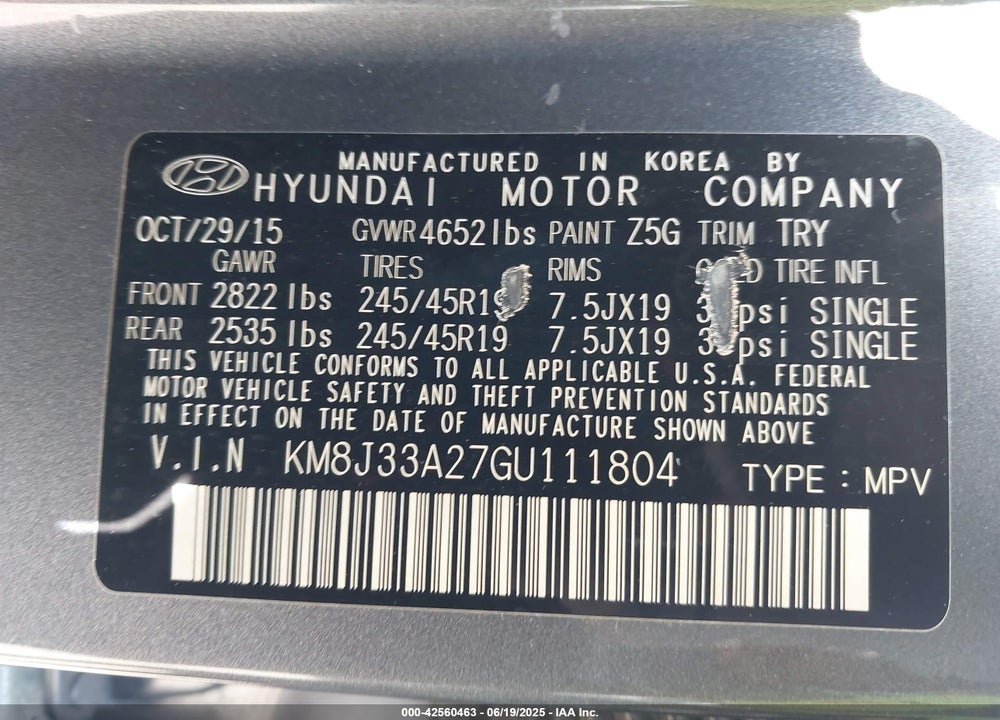 2016 HYUNDAI TUCSON LIMITED VIN: KM8J33A27GU111804