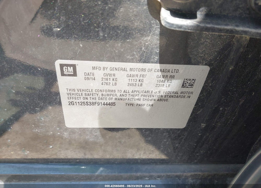 2015 CHEVROLET IMPALA VIN: 2G1125S38F9144485