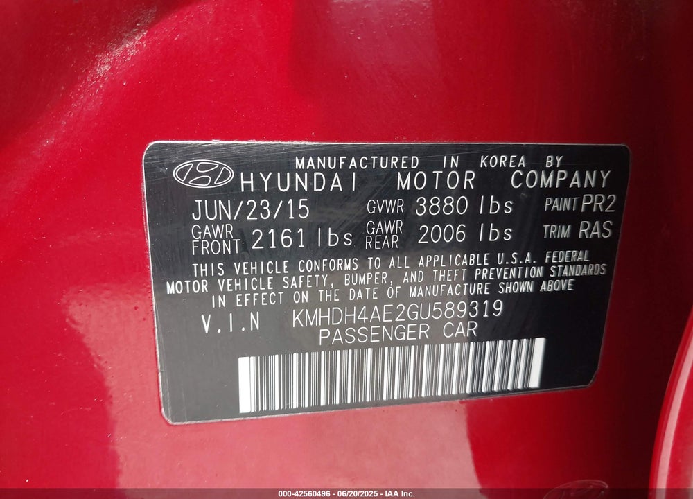 2016 HYUNDAI ELANTRA VIN: KMHDH4AE2GU589319