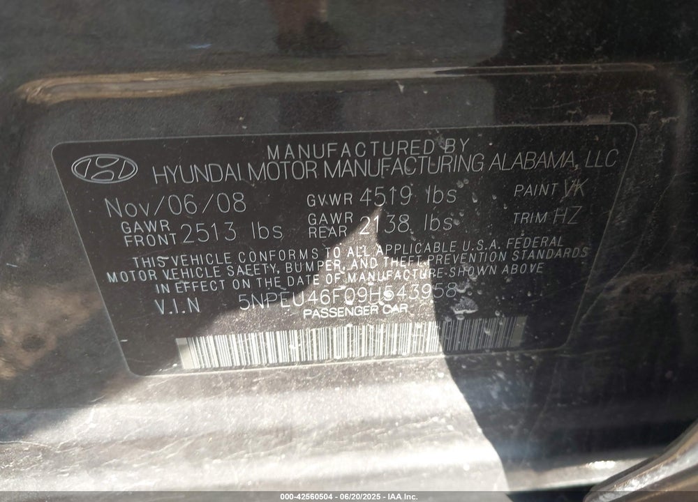 2009 HYUNDAI SONATA VIN: 5NPEU46F09H543958