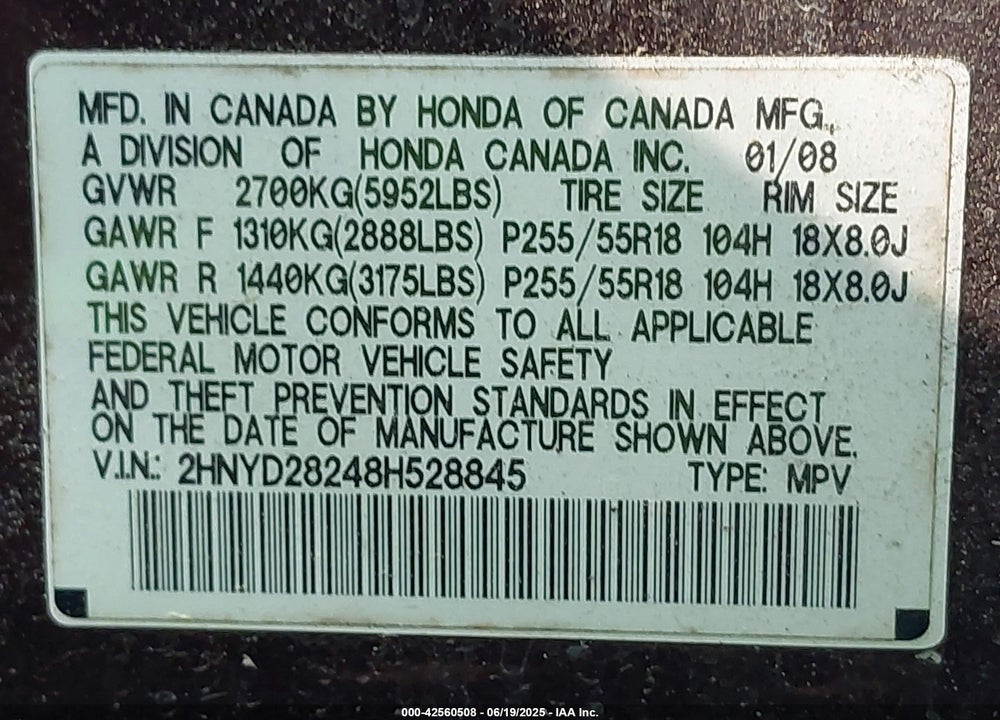 2008 ACURA MDX VIN: 2HNYD28248H528845