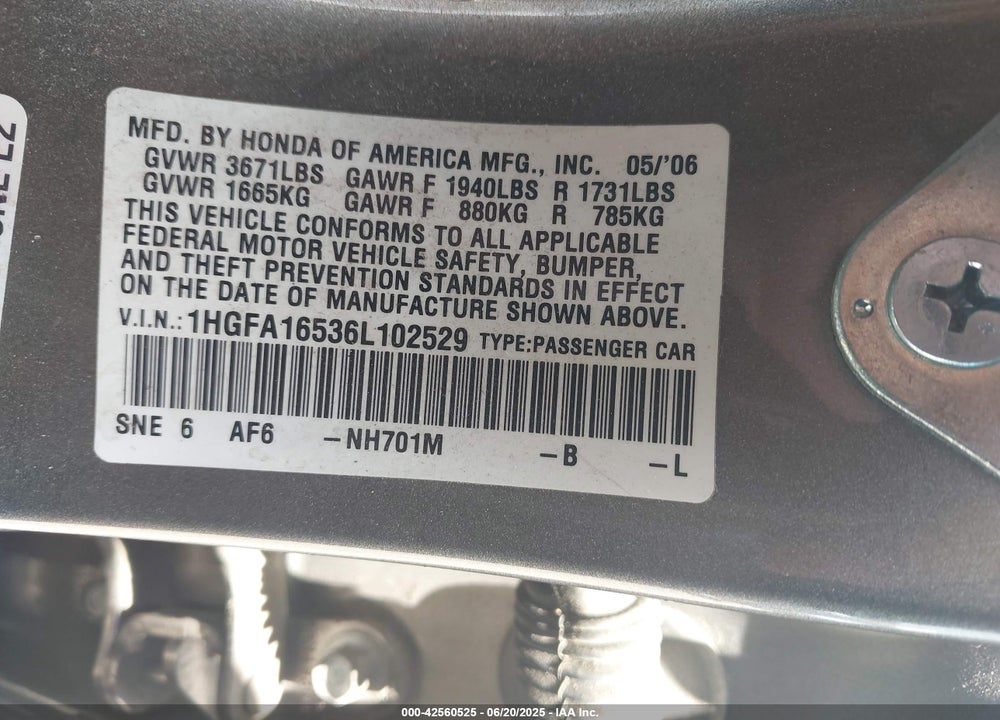 2006 HONDA CIVIC VIN: 1HGFA16536L102529