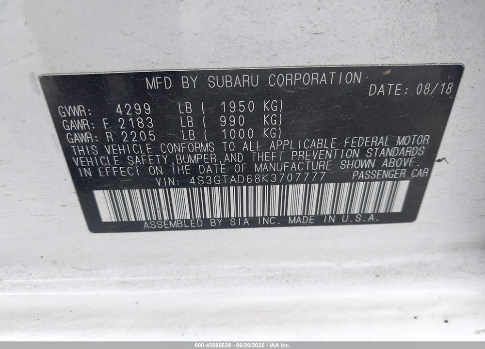 2019 SUBARU IMPREZA 2.0I PREMIUM VIN: 4S3GTAD68K3707777
