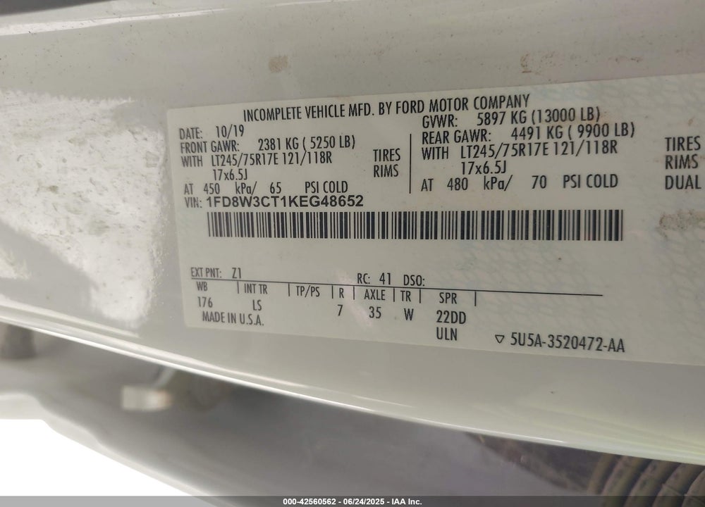 2019 FORD F-350 XL VIN: 1FD8W3CT1KEG48652