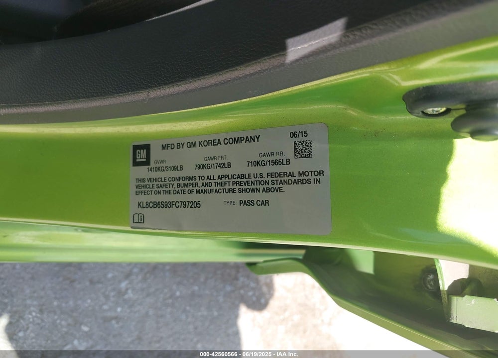 2015 CHEVROLET SPARK VIN: KL8CB6S93FC797205