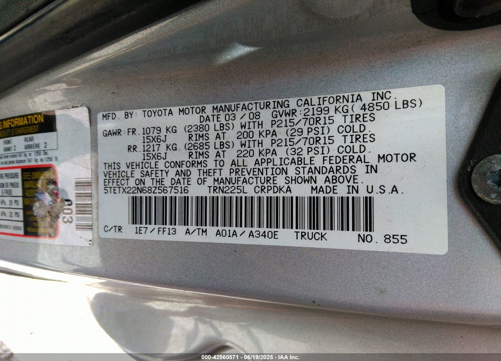 2008 TOYOTA TACOMA VIN: 5TETX22N68Z567516