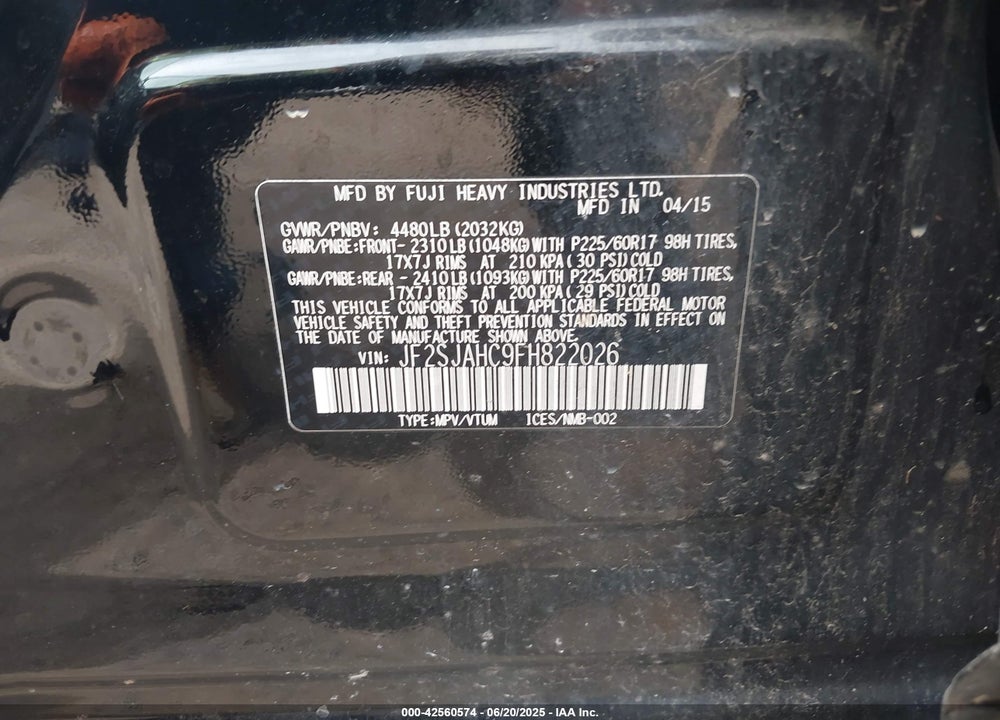 2015 SUBARU FORESTER VIN: JF2SJAHC9FH822026