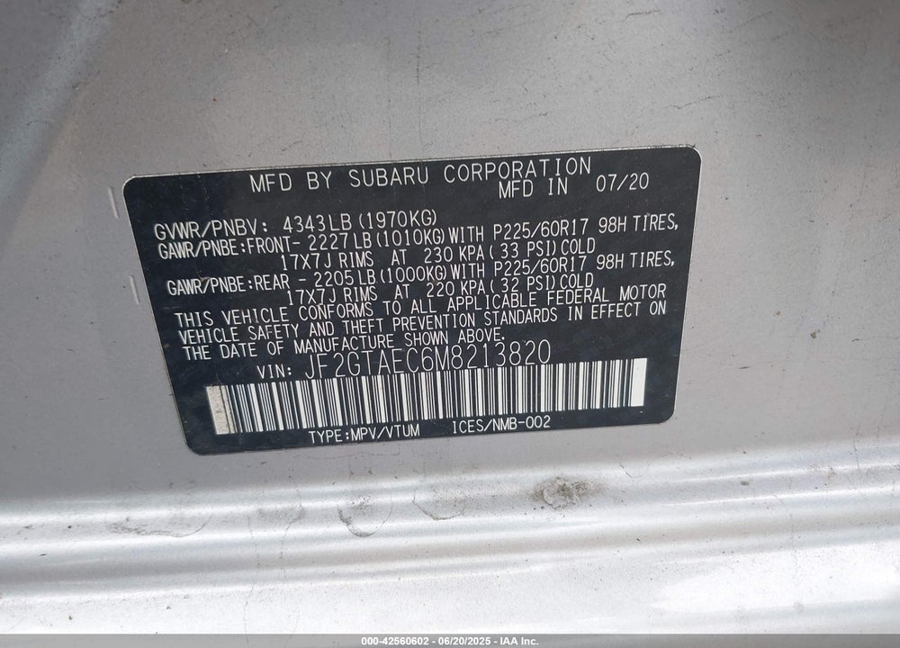 2021 SUBARU CROSSTREK VIN: JF2GTAEC6M8213820