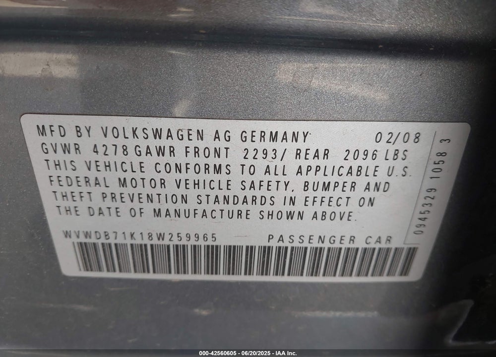 2008 VOLKSWAGEN RABBIT VIN: WVWDB71K18W259965