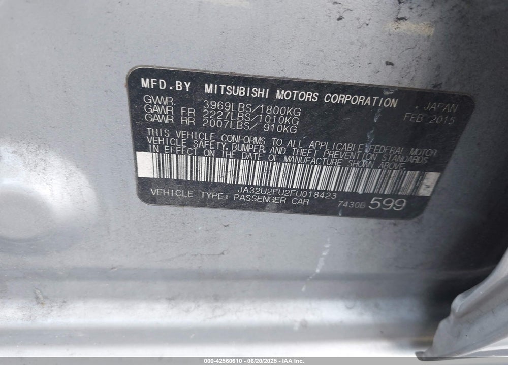 2015 MITSUBISHI LANCER ES VIN: JA32U2FU2FU018423