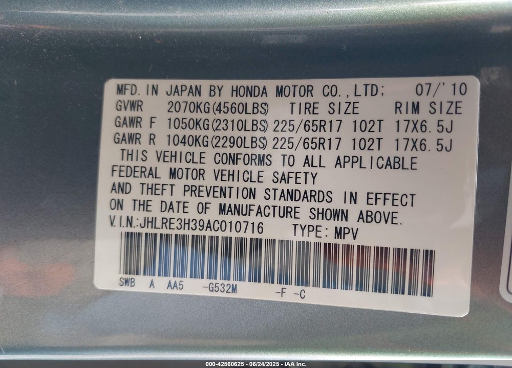 2010 HONDA CR-V LX VIN: JHLRE3H39AC010716
