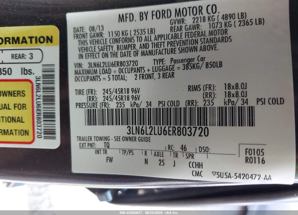 2014 LINCOLN MKZ HYBRID VIN: 3LN6L2LU6ER803720