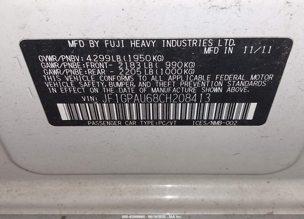 2012 SUBARU IMPREZA 2.0I SPORT LIMITED VIN: JF1GPAU68CH208413