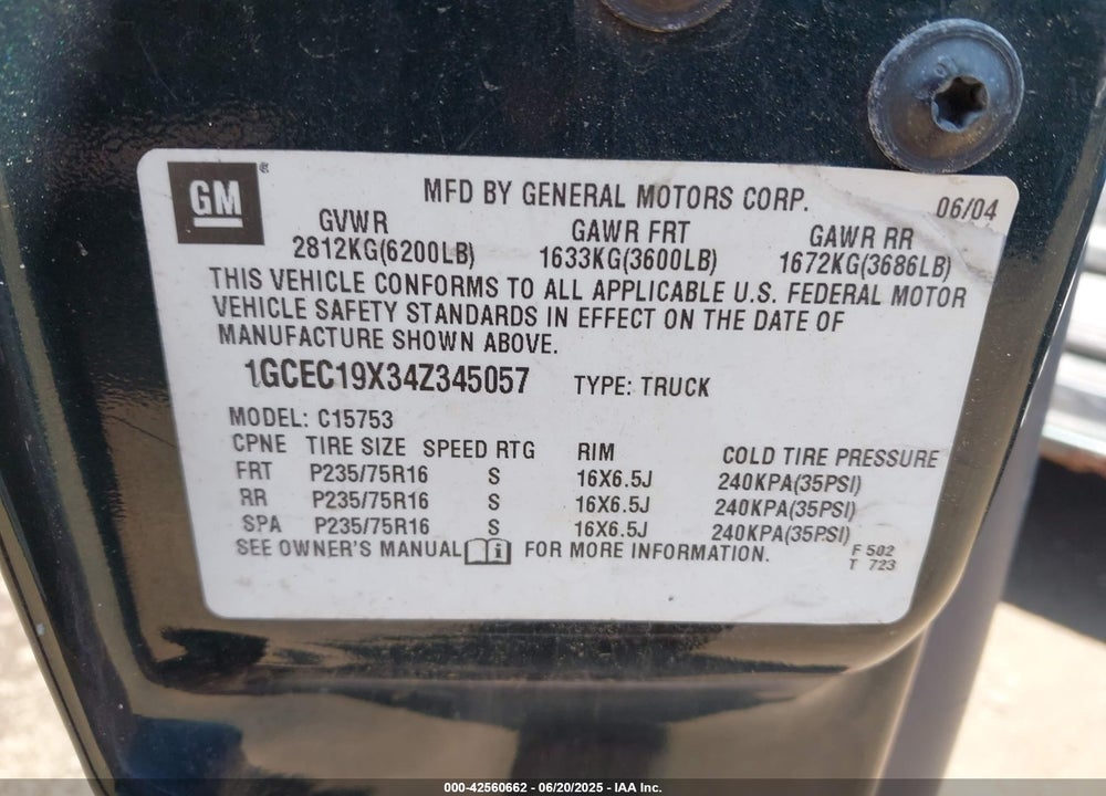 2004 CHEVROLET SILVERADO 1500 WORK TRUCK VIN: 1GCEC19X34Z345057