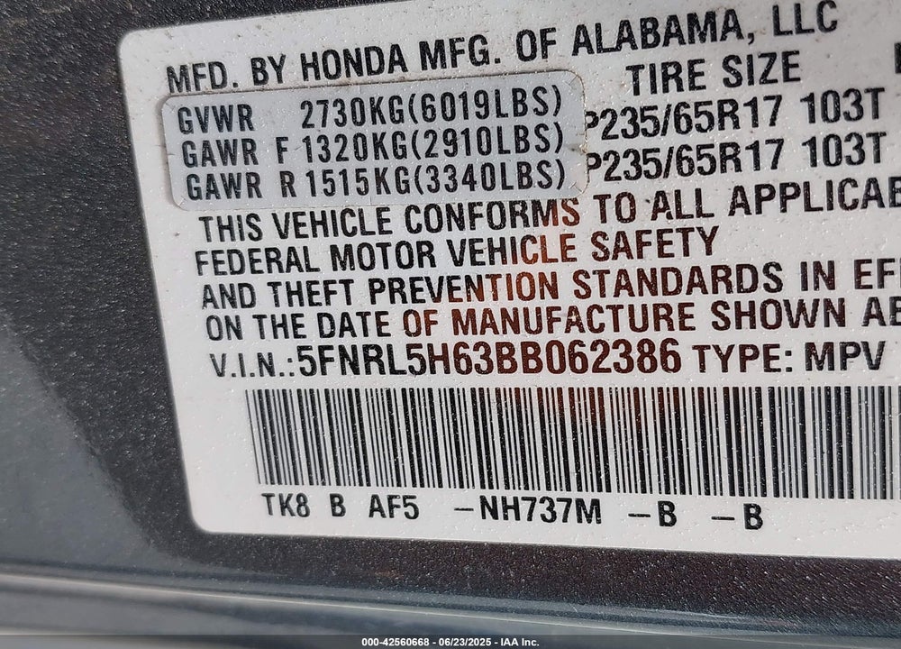 2011 HONDA ODYSSEY VIN: 5FNRL5H63BB062386
