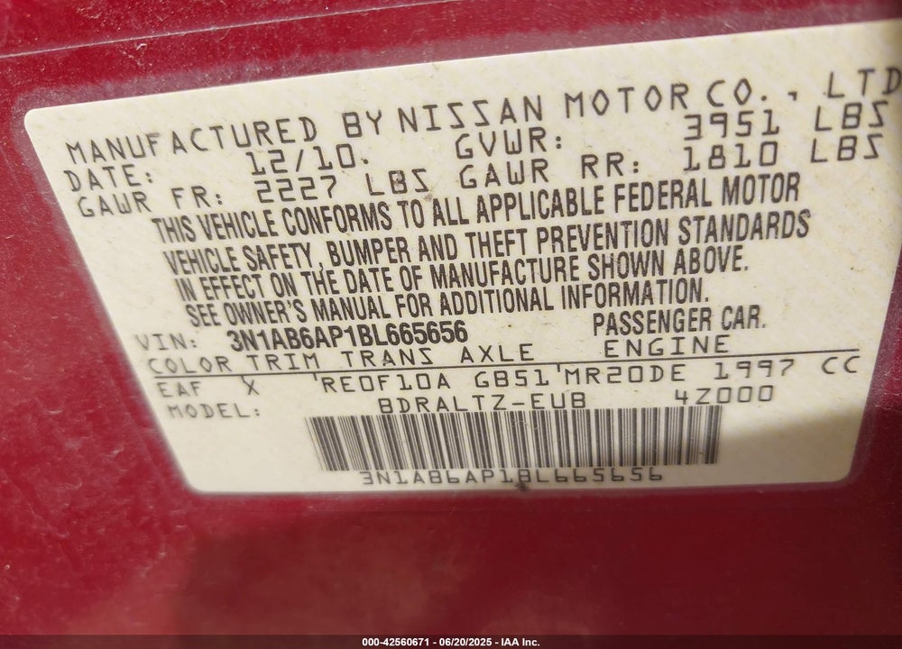 2011 NISSAN SENTRA VIN: 3N1AB6AP1BL665656