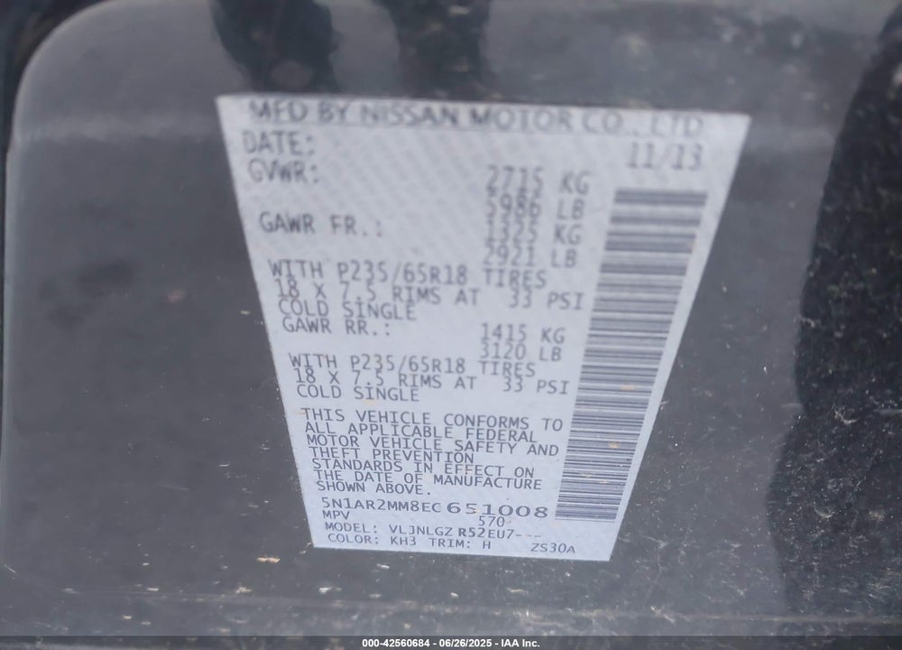 2014 NISSAN PATHFINDER VIN: 5N1AR2MM8EC651008