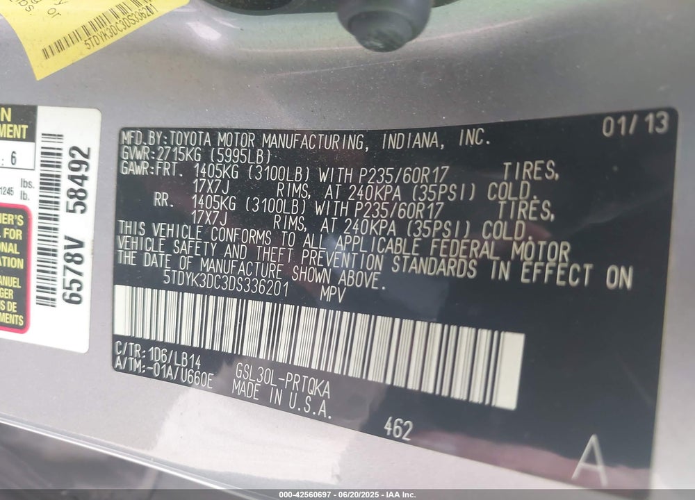 2013 TOYOTA SIENNA XLE V6 8 PASSENGER VIN: 5TDYK3DC3DS336201