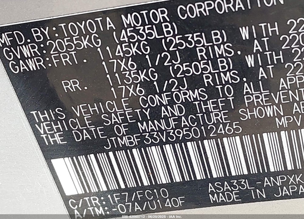2009 TOYOTA RAV4 VIN: JTMBF33V395012465