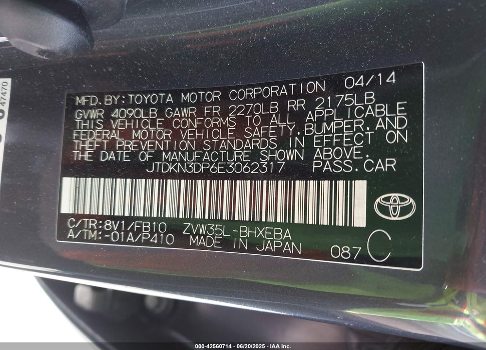 2014 TOYOTA PRIUS PLUG-IN VIN: JTDKN3DP6E3062317