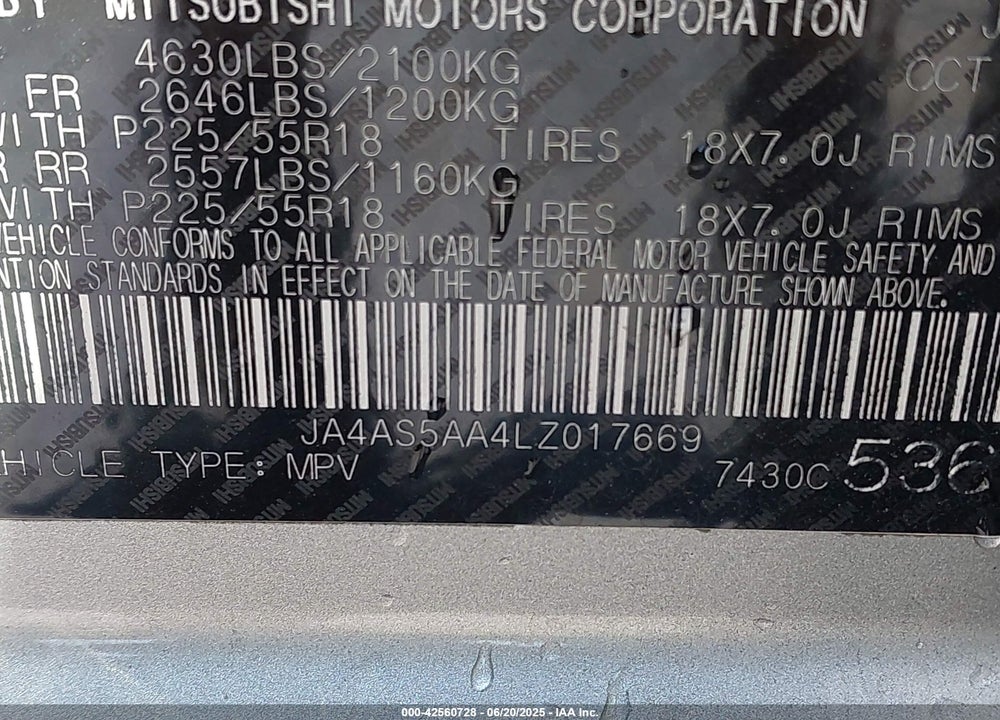 2020 MITSUBISHI ECLIPSE CROSS VIN: JA4AS5AA4LZ017669