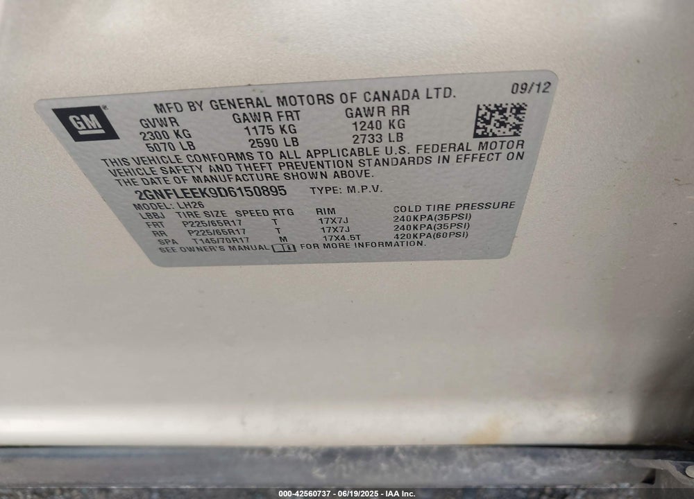 2013 CHEVROLET EQUINOX 1LT VIN: 2GNFLEEK9D6150895