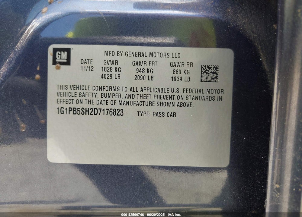 2013 CHEVROLET CRUZE LS MANUAL VIN: 1G1PB5SH2D7176823