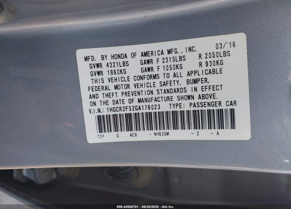 2016 HONDA ACCORD SPORT VIN: 1HGCR2F52GA176023