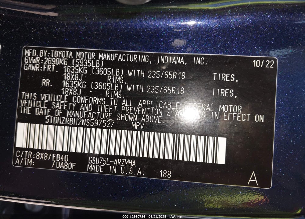2022 TOYOTA HIGHLANDER VIN: 5TDHZRBH2NS597527