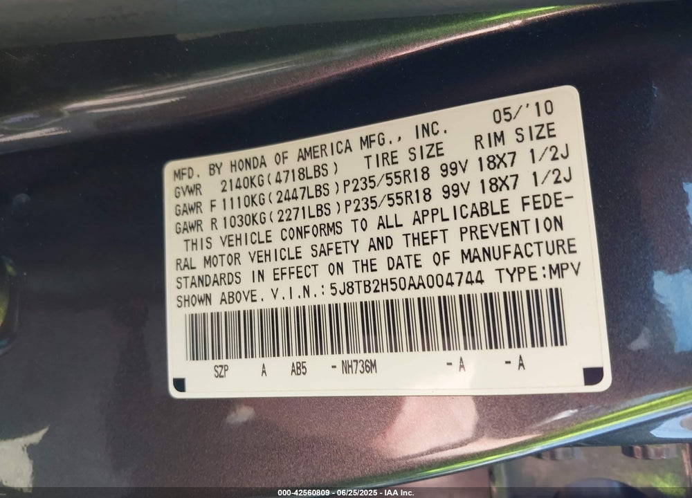 2010 ACURA RDX VIN: 5J8TB2H50AA004744