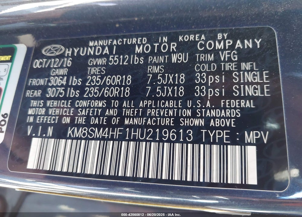 2017 HYUNDAI SANTA FE SE VIN: KM8SM4HF1HU219613
