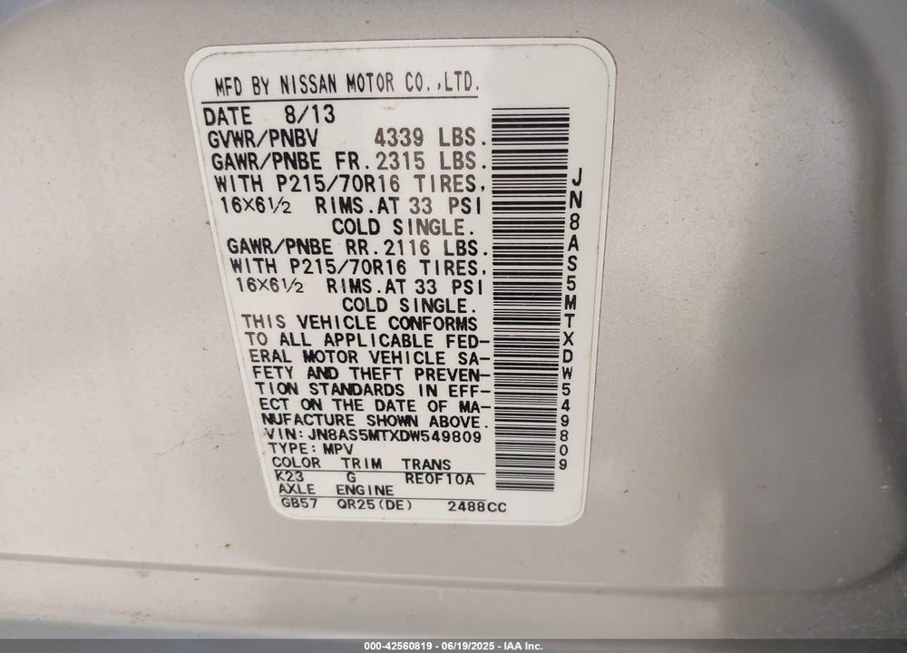 2013 NISSAN ROGUE VIN: JN8AS5MTXDW549809
