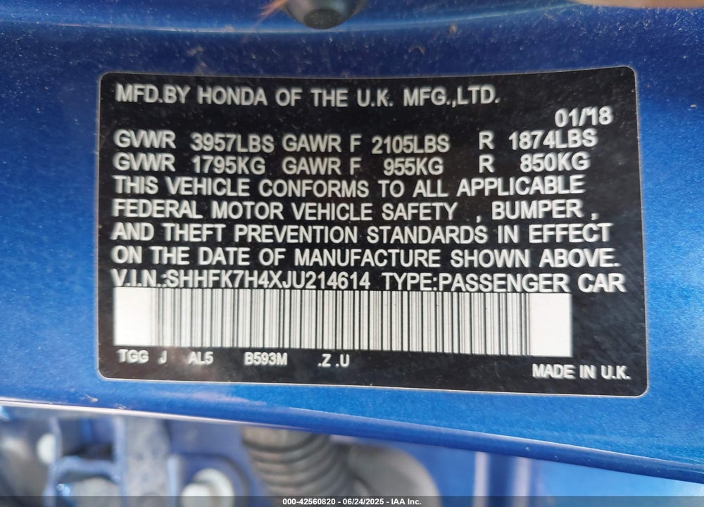 2018 HONDA CIVIC VIN: SHHFK7H4XJU214614