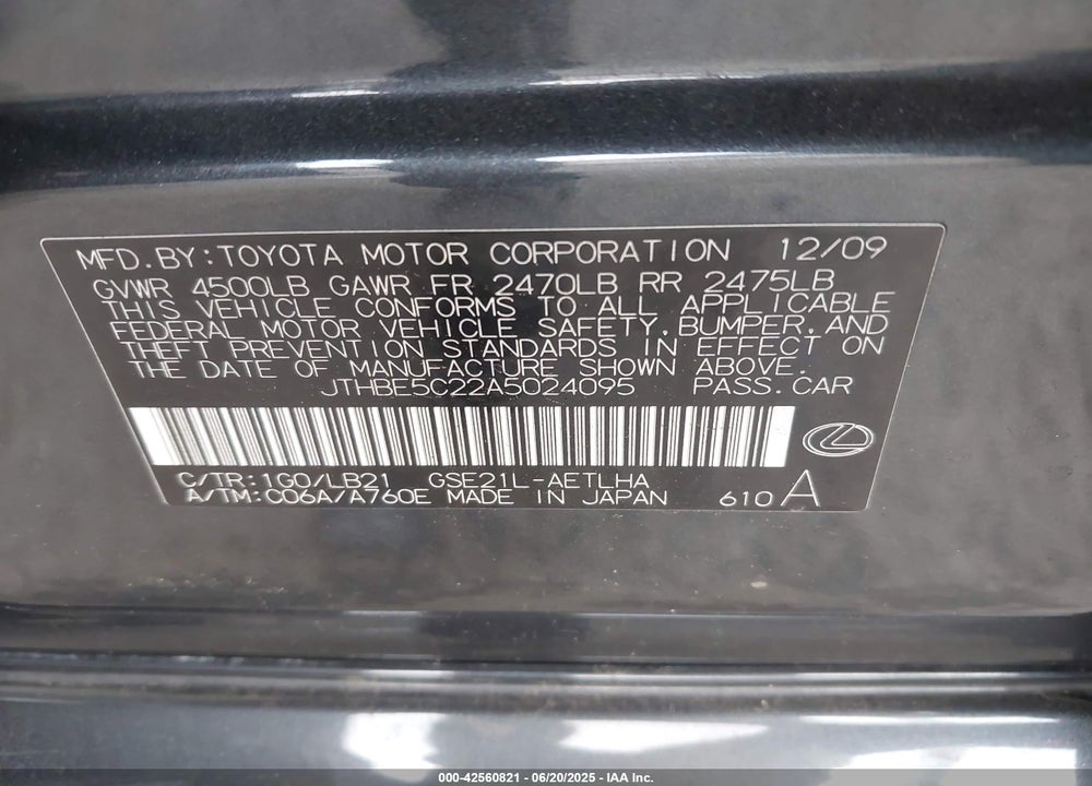 2010 LEXUS IS 350 VIN: JTHBE5C22A5024095