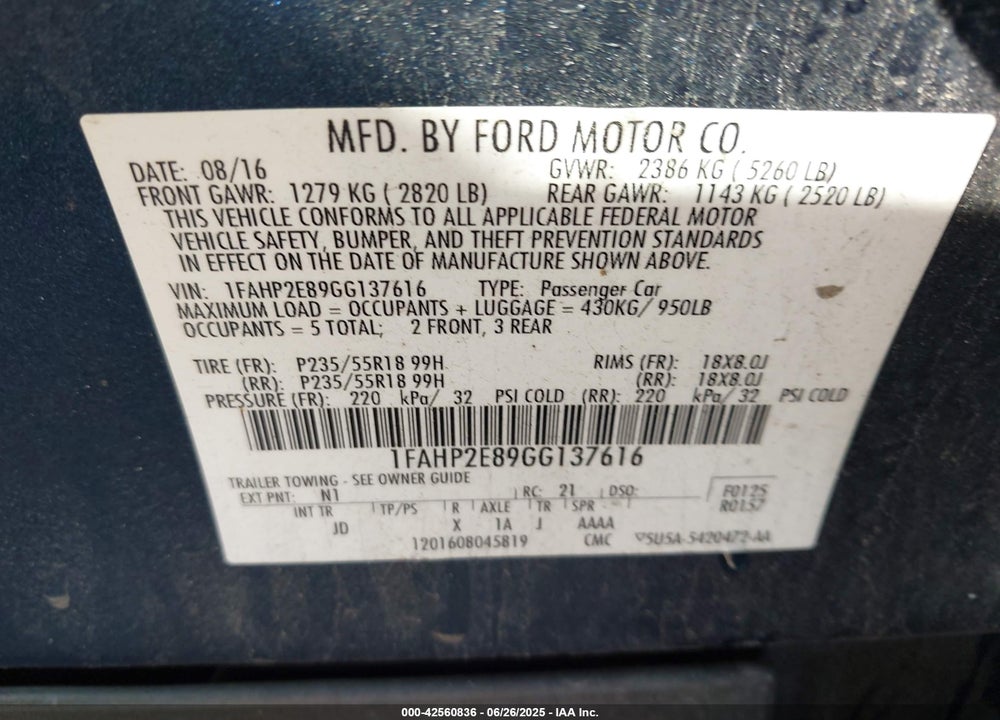 2016 FORD TAURUS VIN: 1FAHP2E89GG137616