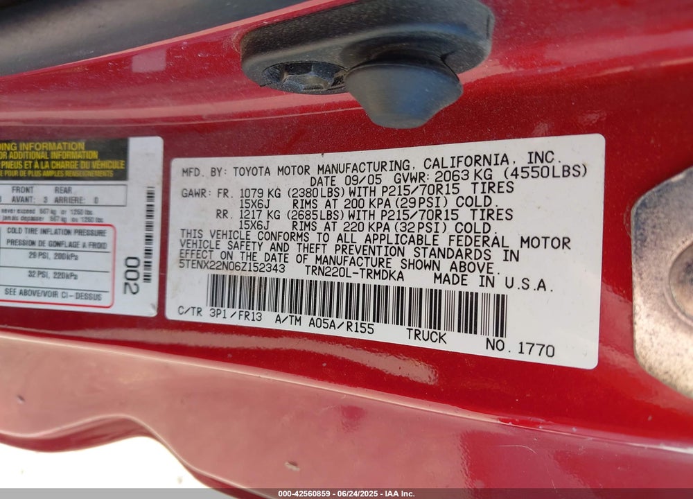 2006 TOYOTA TACOMA VIN: 5TENX22N06Z152343