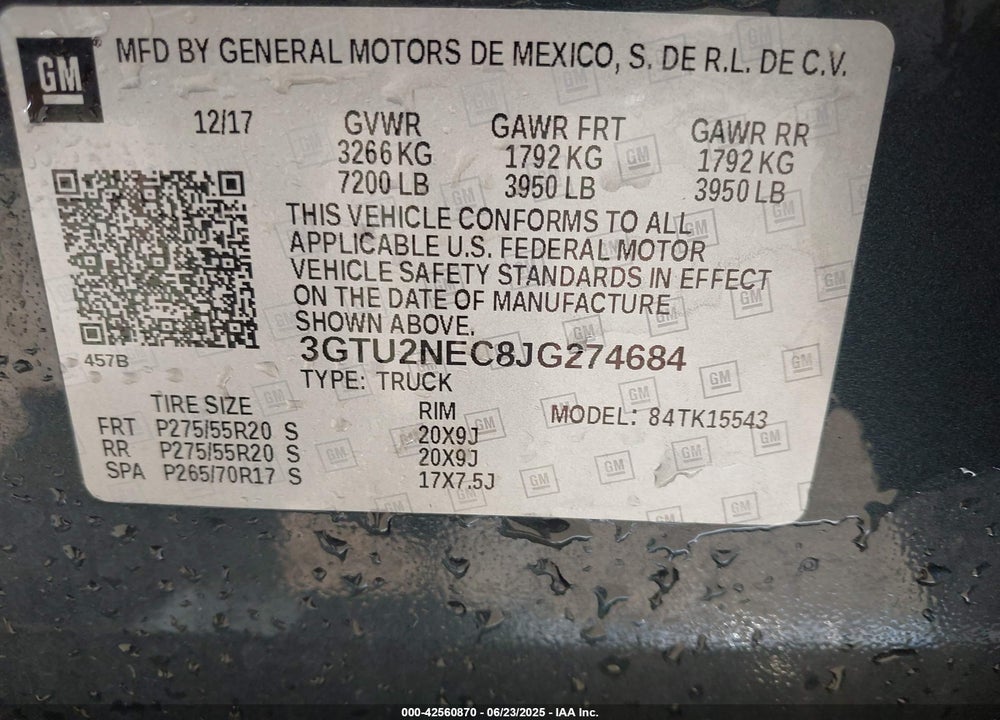 2018 GMC SIERRA 1500 VIN: 3GTU2NEC8JG274684