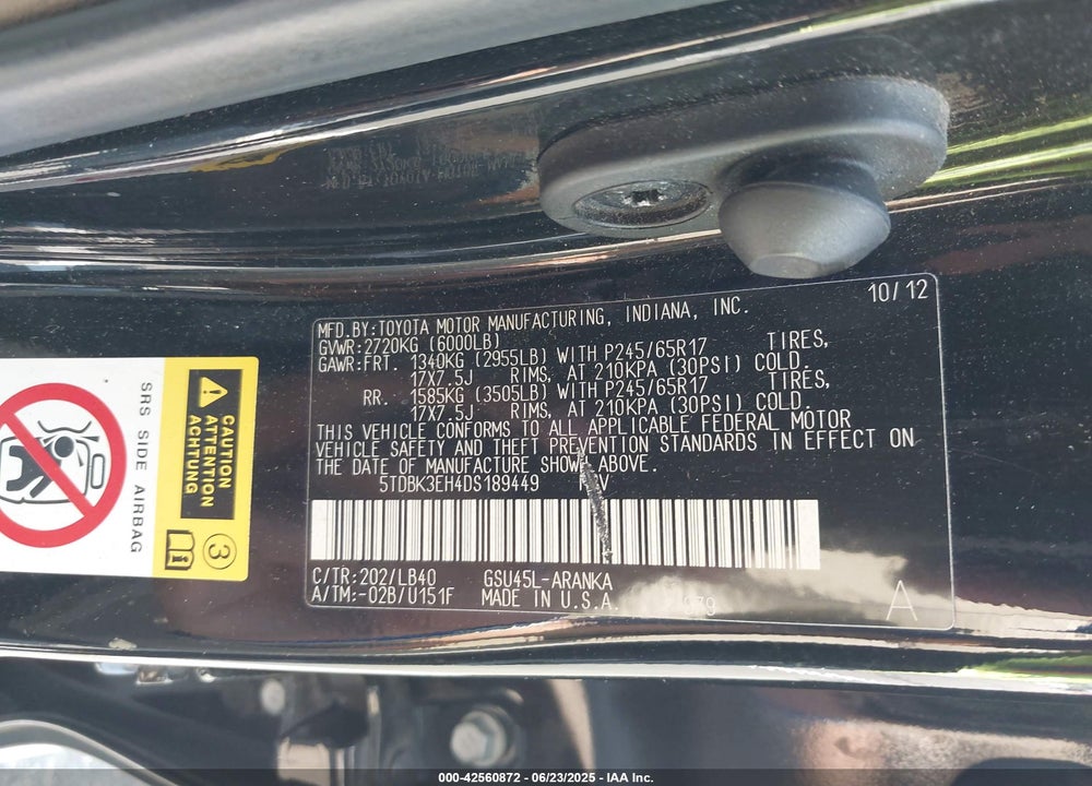 2013 TOYOTA HIGHLANDER VIN: 5TDBK3EH4DS189449