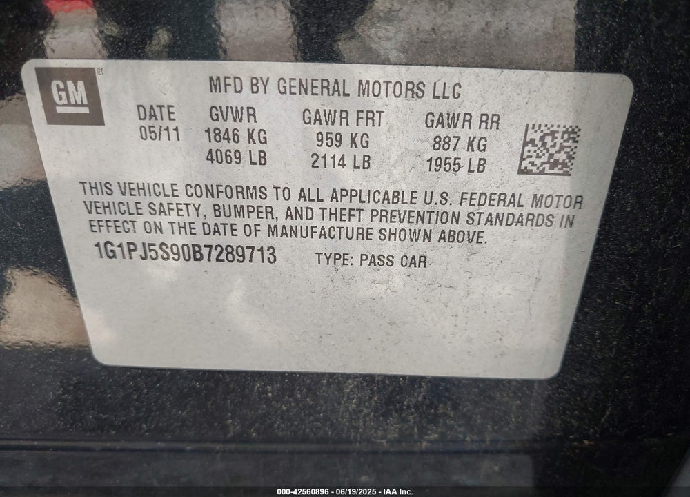 2011 CHEVROLET CRUZE VIN: 1G1PJ5S90B7289713