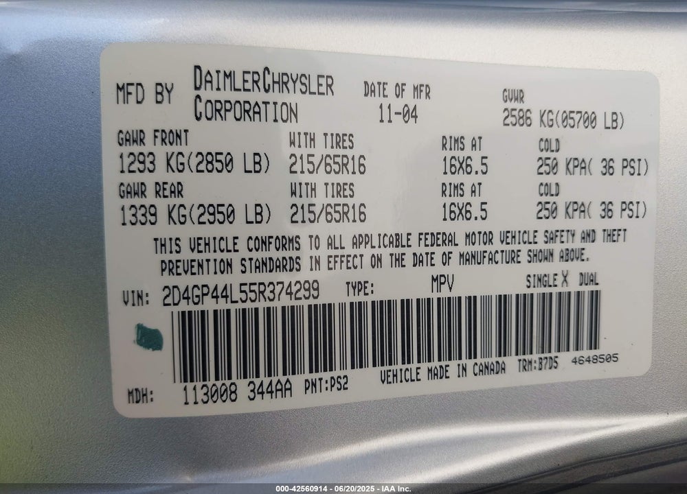 2005 DODGE GRAND CARAVAN SXT VIN: 2D4GP44L55R374299