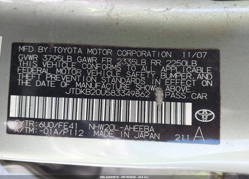 2008 TOYOTA PRIUS VIN: JTDKB20U583349862
