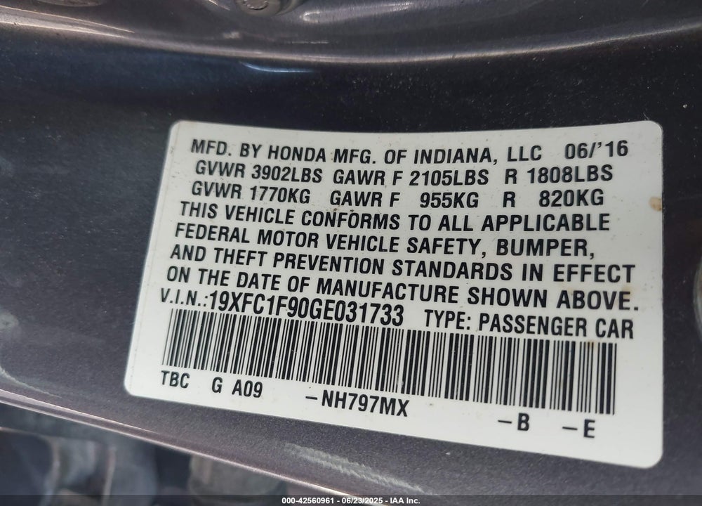 2016 HONDA CIVIC VIN: 19XFC1F90GE031733