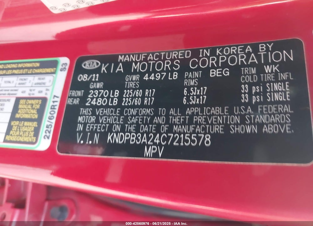 2012 KIA SPORTAGE VIN: KNDPB3A24C7215578