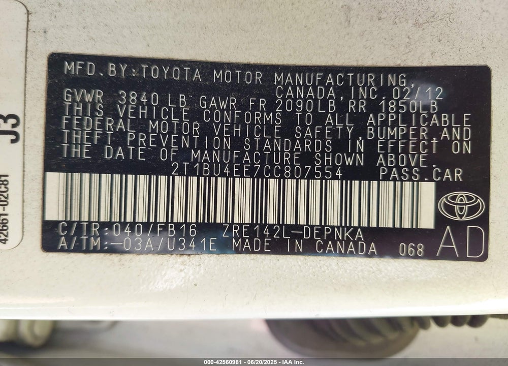 2012 TOYOTA COROLLA VIN: 2T1BU4EE7CC807554
