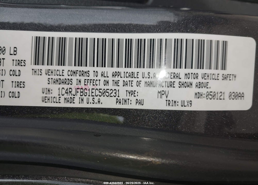 2014 JEEP GRAND CHEROKEE VIN: 1C4RJFBG1EC505231