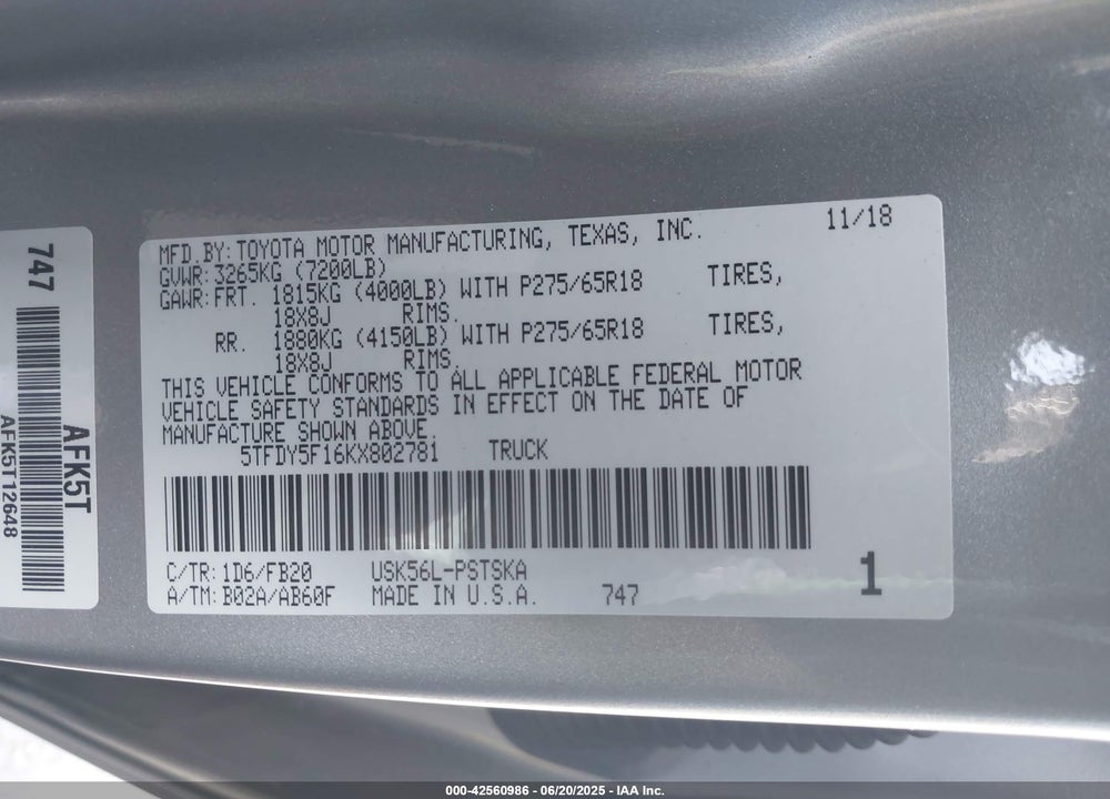 2019 TOYOTA TUNDRA SR5 5.7L V8 VIN: 5TFDY5F16KX802781