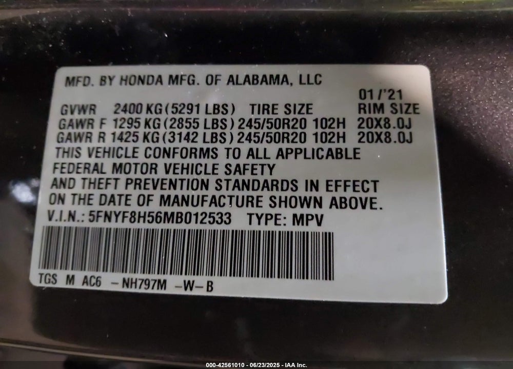 2021 HONDA PASSPORT VIN: 5FNYF8H56MB012533