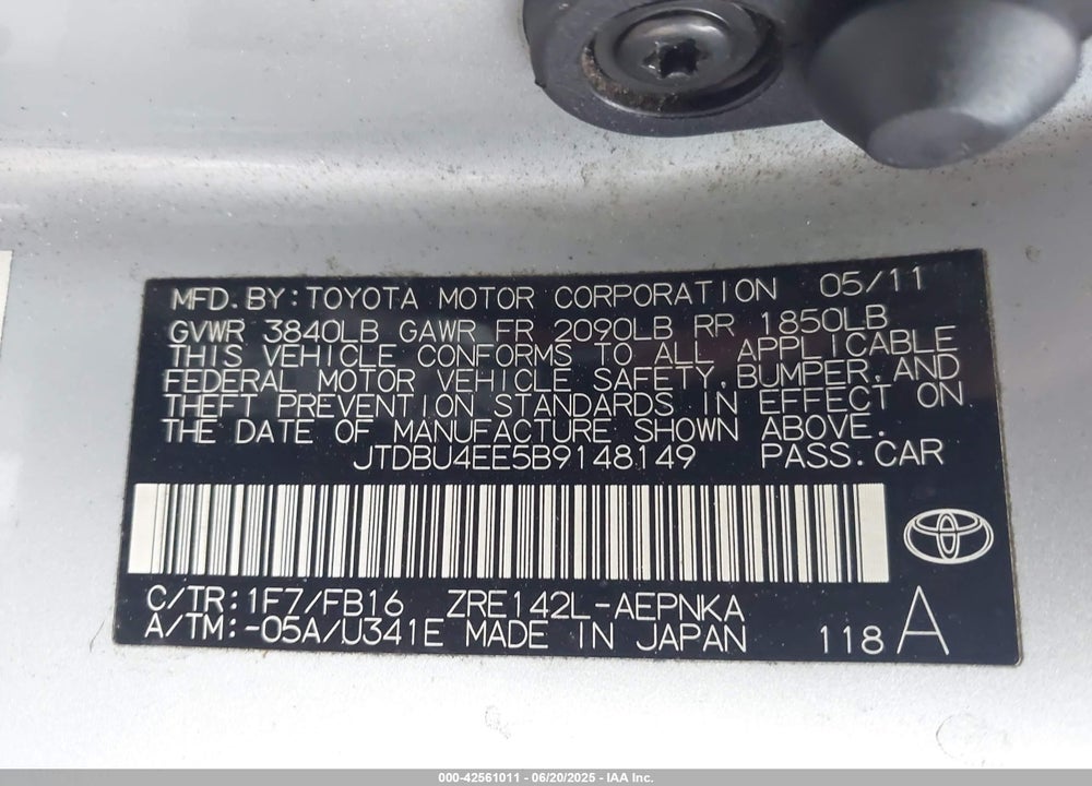 2011 TOYOTA COROLLA LE VIN: JTDBU4EE5B9148149