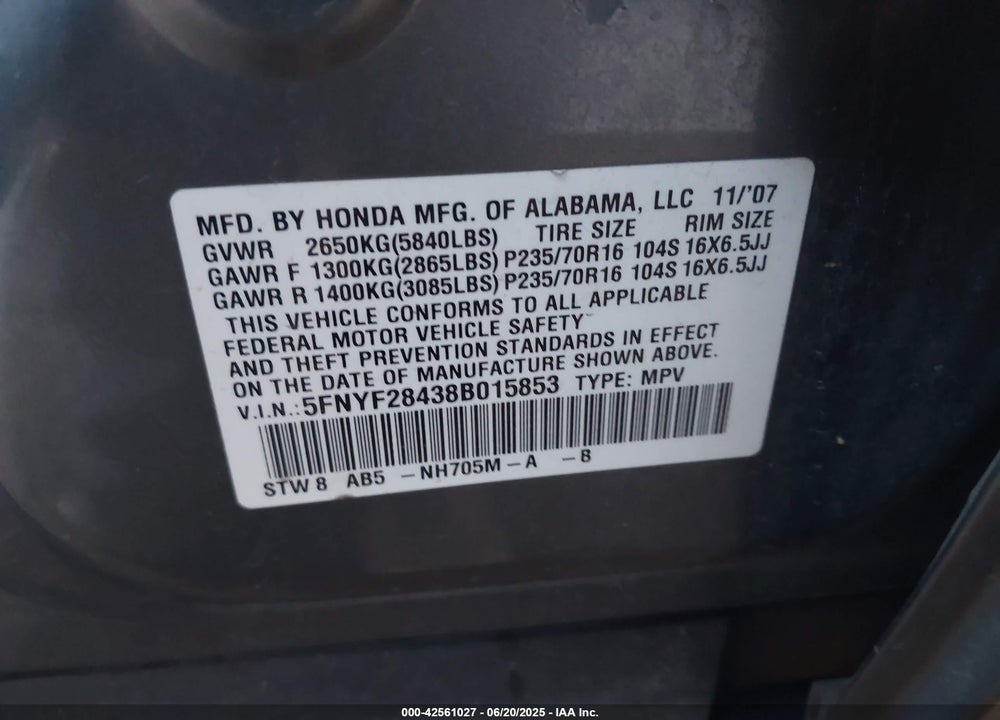 2008 HONDA PILOT VIN: 5FNYF28438B015853