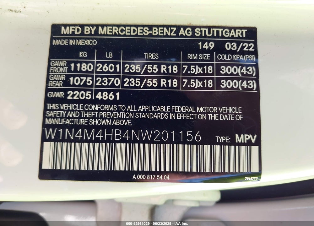 2022 MERCEDES-BENZ GLB-CLASS VIN: W1N4M4HB4NW201156